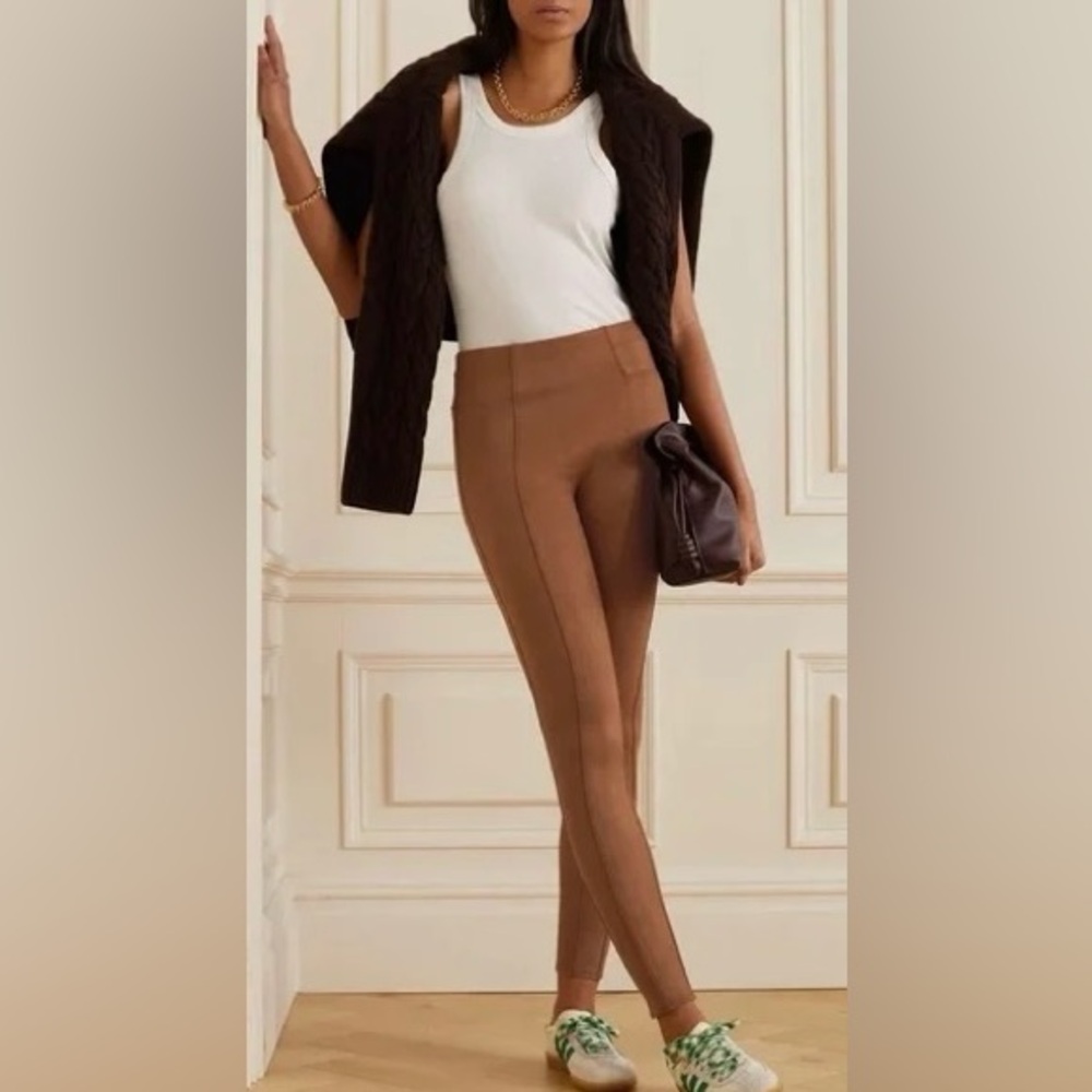 Spanx Faux Suede Leggings Rich Caramel Brown High Waisted Shaping Pants S Petite